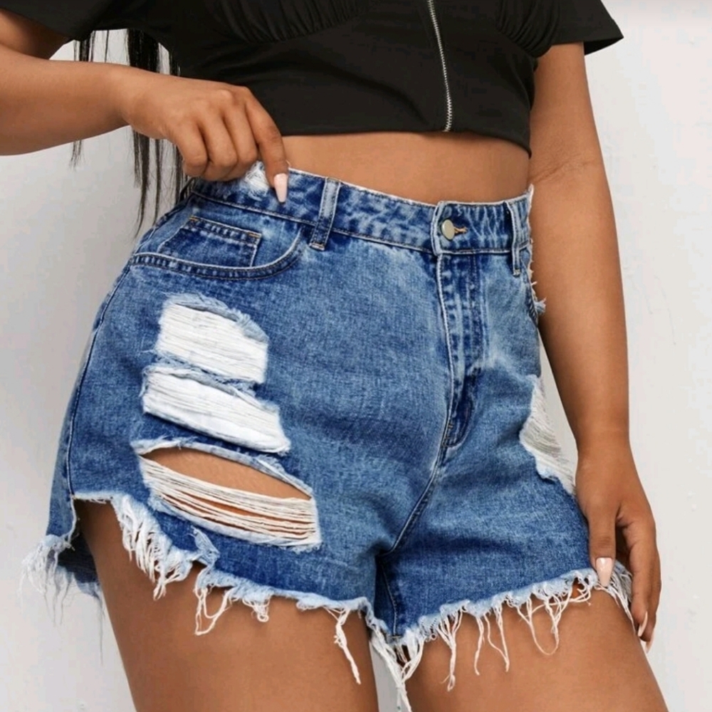 High-Waist Distressed Denim Shorts - Blue